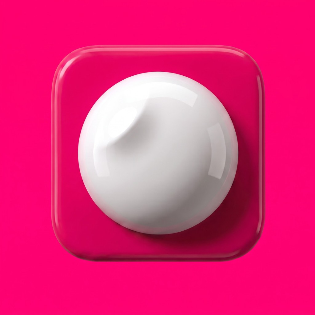 The Obit Circle mark, a white pearl button set into a glossy raspberry tile on hot pink